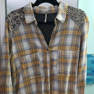 Free people yellow flannel & sequin shirt